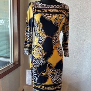 Cache Asymmetrical animal and chains Dress in Yellow and Black